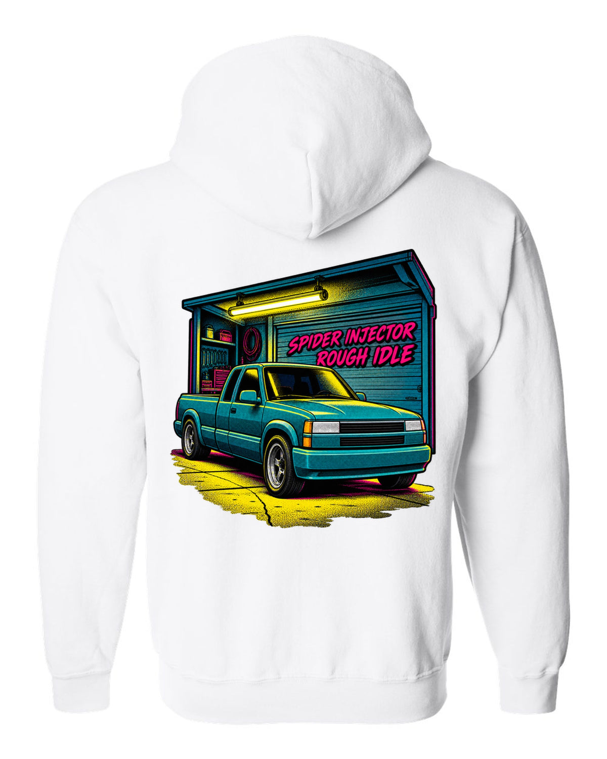 Comic halftone pop-art print of a 1988-98 Chevrolet GMT400 C1500 OBS extended cab with spider injector rough idle lettering white zip hoodie back view with the design