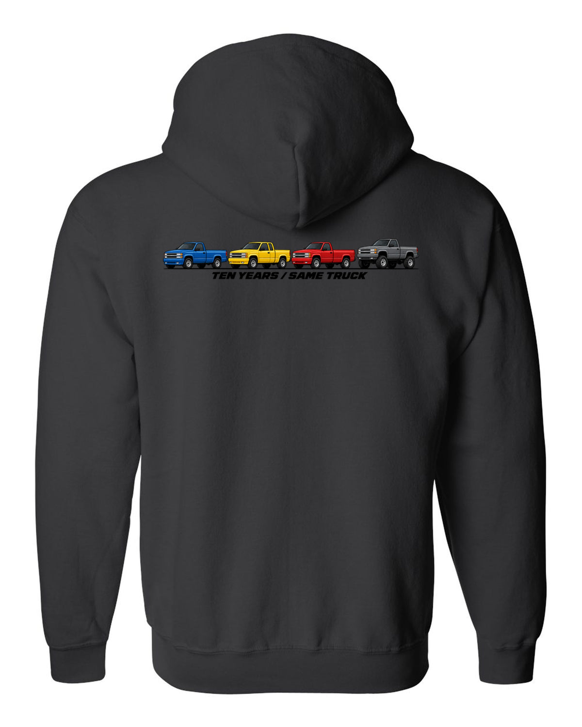 Generation lineup print of 1988-98 Chevrolet GMT400 C1500 K1500 OBS trucks with ten years same truck lettering black zip hoodie back view with the design
