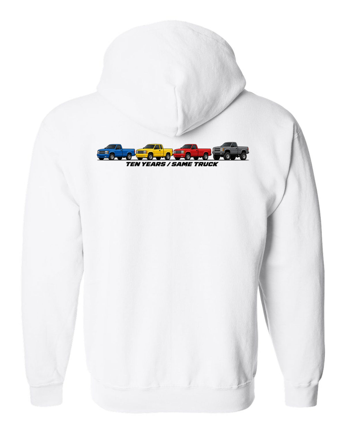 Generation lineup print of 1988-98 Chevrolet GMT400 C1500 K1500 OBS trucks with ten years same truck lettering white zip hoodie back view with the design