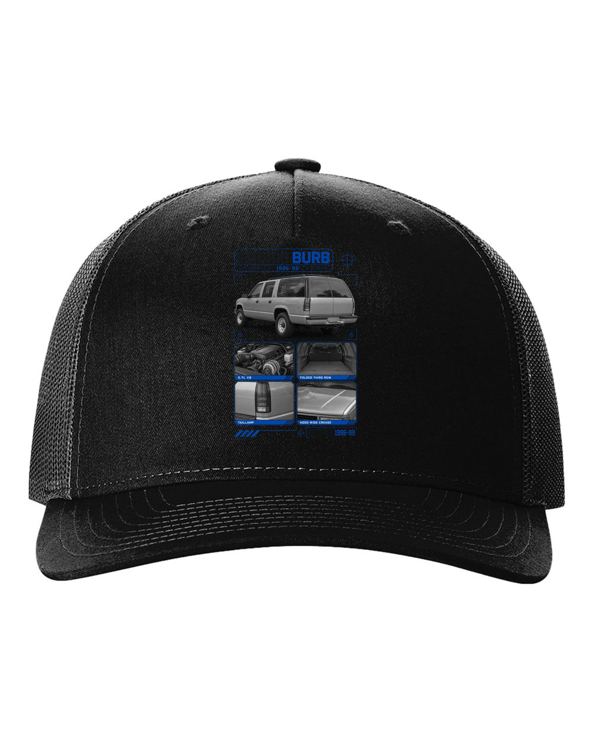 Dossier print of a 1992-99 Chevrolet GMT400 Suburban in a rear three-quarter view black hat front view with the design