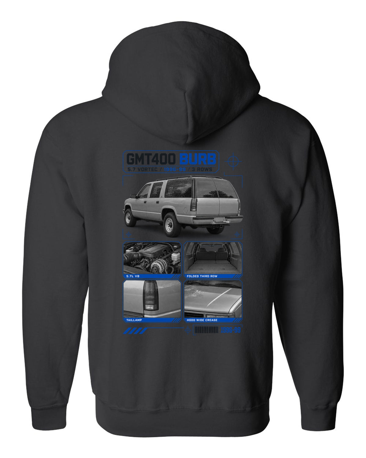 Dossier print of a 1992-99 Chevrolet GMT400 Suburban in a rear three-quarter view black zip hoodie back view with the design