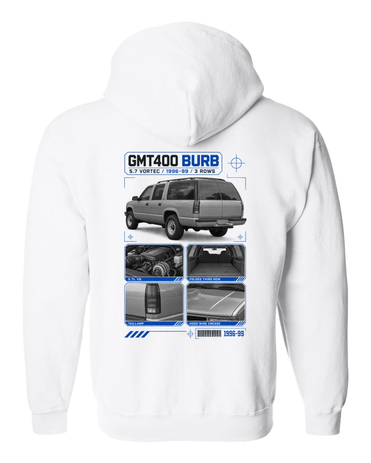 Dossier print of a 1992-99 Chevrolet GMT400 Suburban in a rear three-quarter view white zip hoodie back view with the design