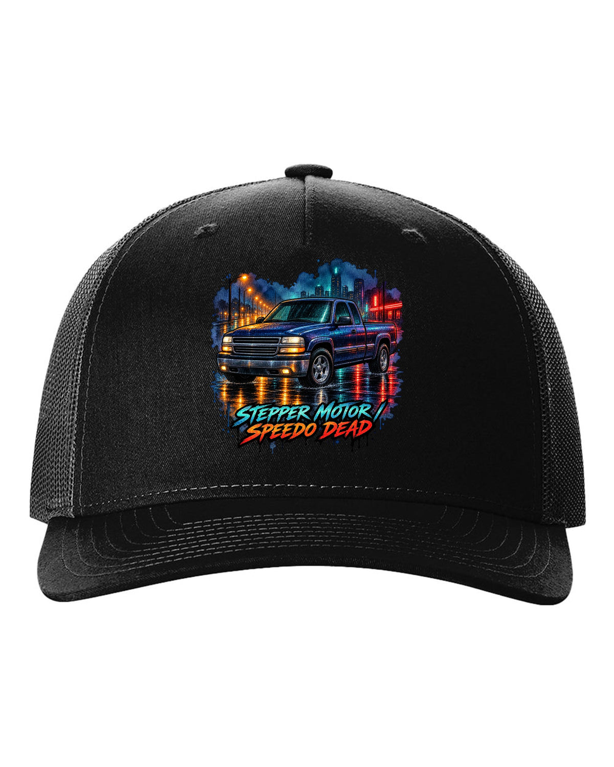 Watercolor wet-road night print of a 1999-2006 Chevrolet GMT800 NBS Silverado with stepper motor speedo dead lettering black hat front view with the design
