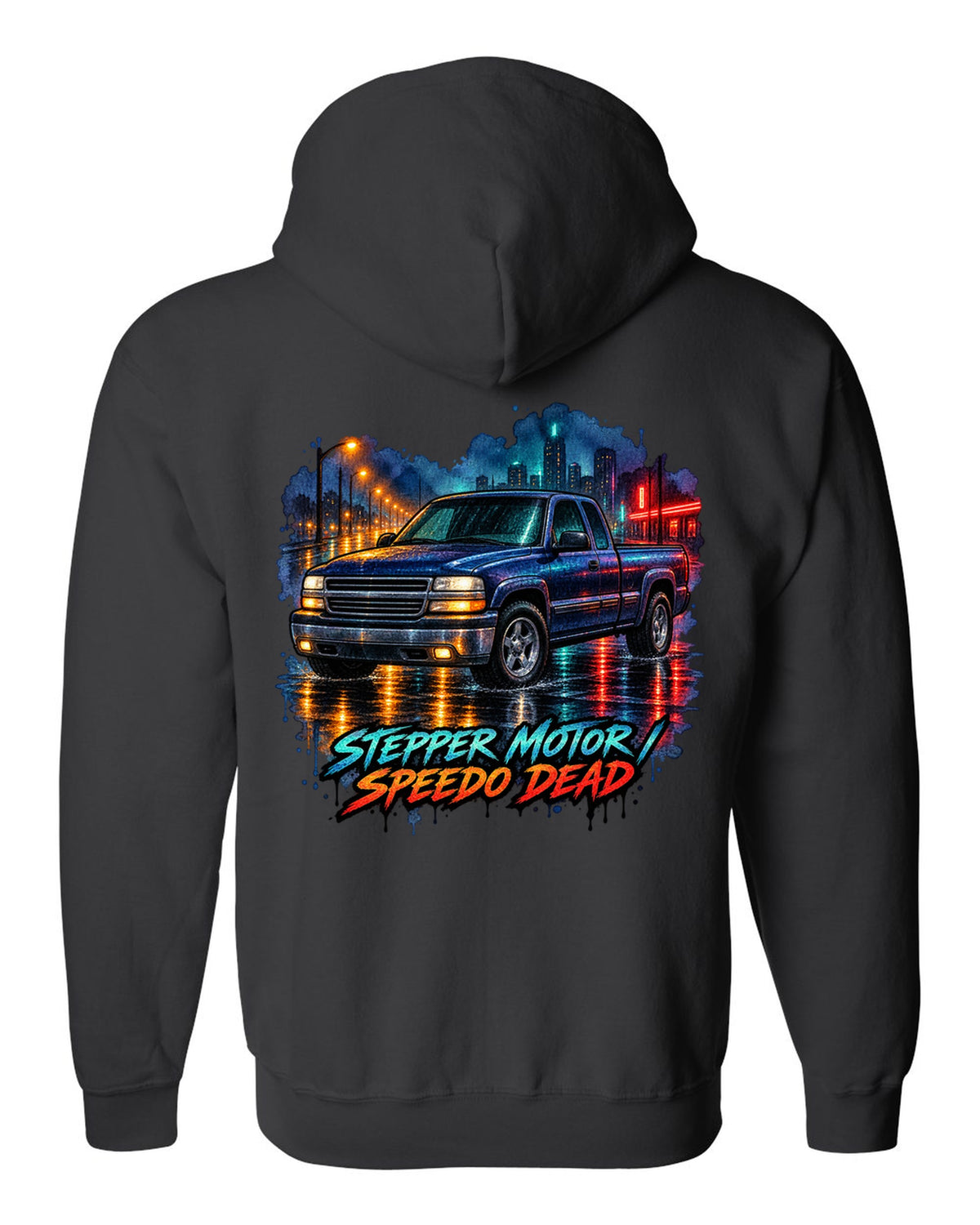 Watercolor wet-road night print of a 1999-2006 Chevrolet GMT800 NBS Silverado with stepper motor speedo dead lettering black zip hoodie back view with the design