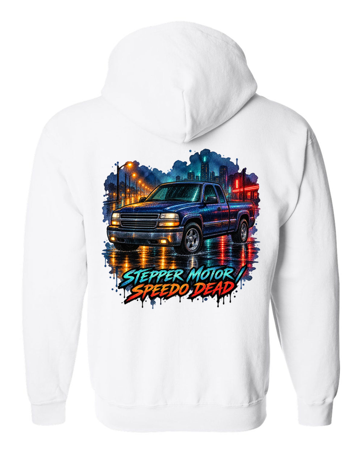 Watercolor wet-road night print of a 1999-2006 Chevrolet GMT800 NBS Silverado with stepper motor speedo dead lettering white zip hoodie back view with the design