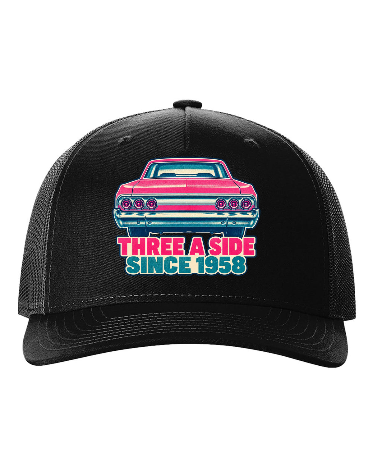 Two-colour risograph print of a 1964 Chevrolet Impala with its triple taillights black hat front view with the design