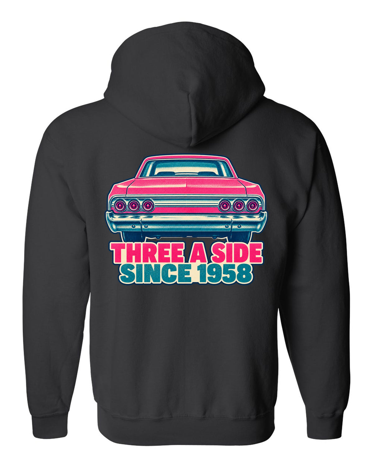 Two-colour risograph print of a 1964 Chevrolet Impala with its triple taillights black zip hoodie back view with the design