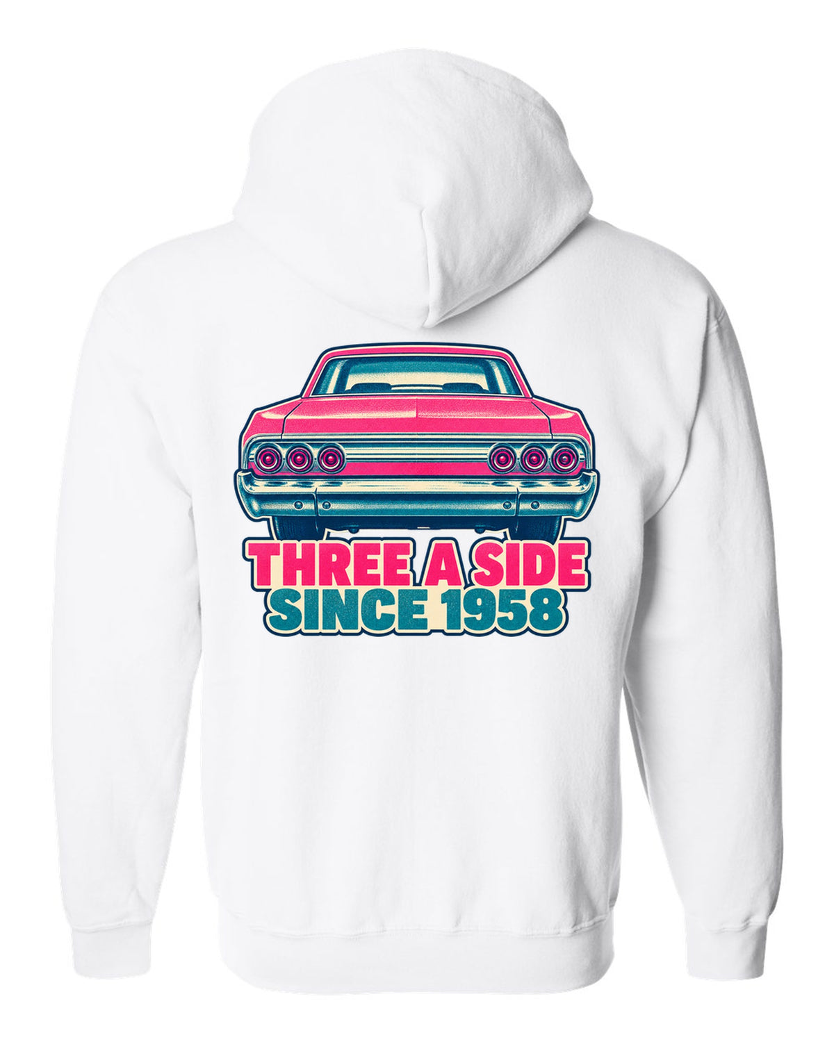 Two-colour risograph print of a 1964 Chevrolet Impala with its triple taillights white zip hoodie back view with the design