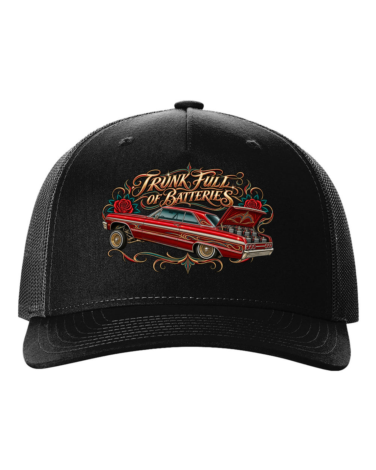 Lowrider airbrush flash illustration of a 1964 Chevrolet Impala SS with pinstripe scrolls and roses black hat front view with the design