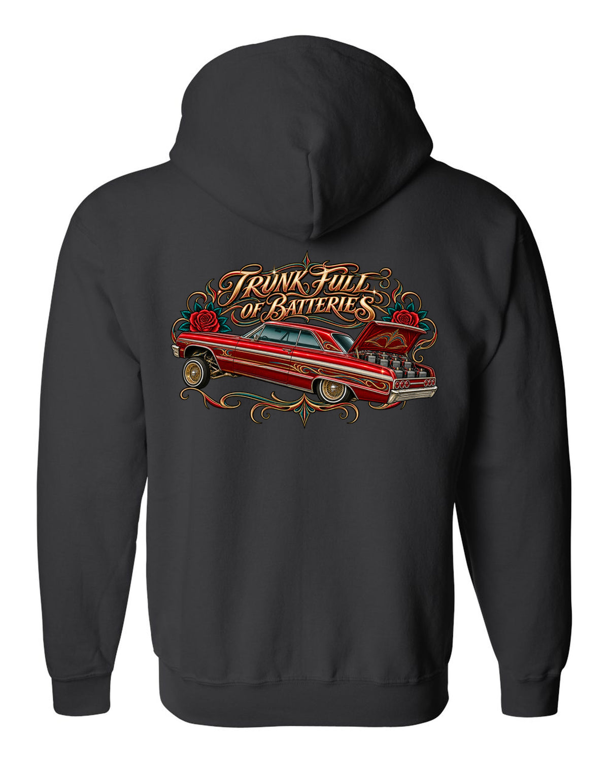 Lowrider airbrush flash illustration of a 1964 Chevrolet Impala SS with pinstripe scrolls and roses black zip hoodie back view with the design