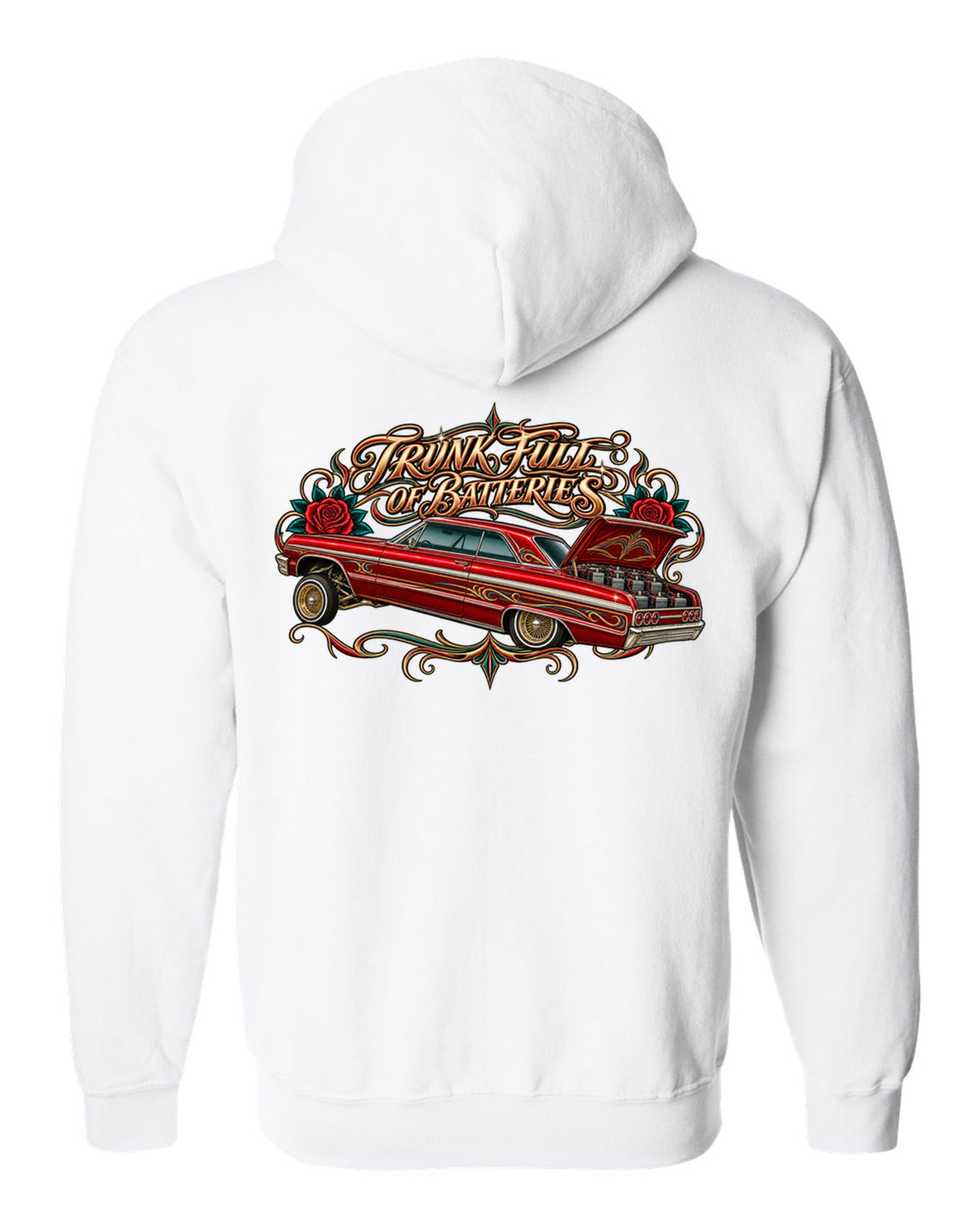 Lowrider airbrush flash illustration of a 1964 Chevrolet Impala SS with pinstripe scrolls and roses white zip hoodie back view with the design