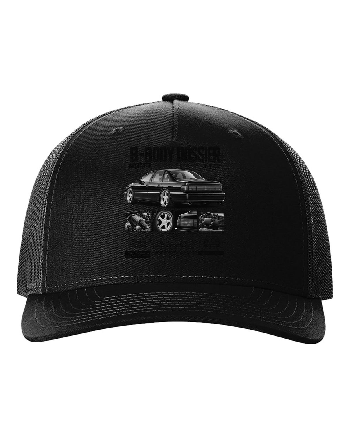 1994-96 Impala SS B-body dossier panels print with 4L60-E and wheel notes black hat front view with the design