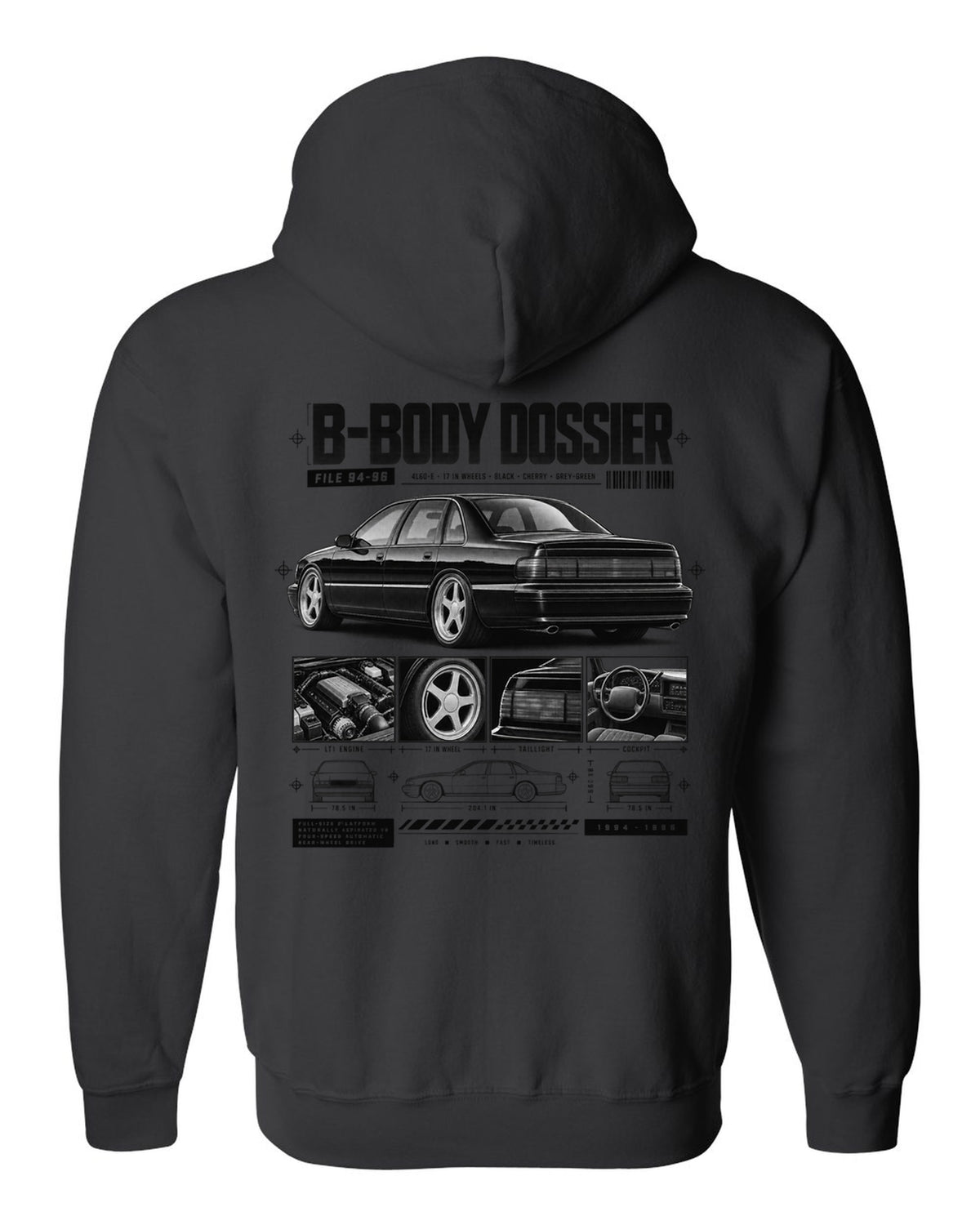1994-96 Impala SS B-body dossier panels print with 4L60-E and wheel notes black zip hoodie back view with the design
