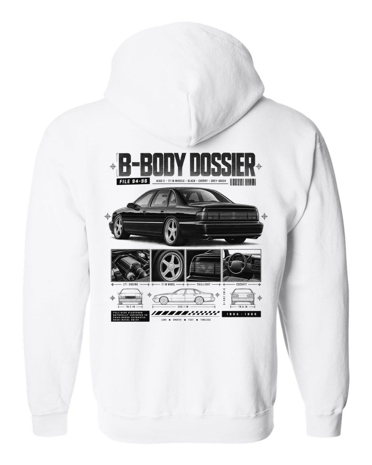 1994-96 Impala SS B-body dossier panels print with 4L60-E and wheel notes white zip hoodie back view with the design