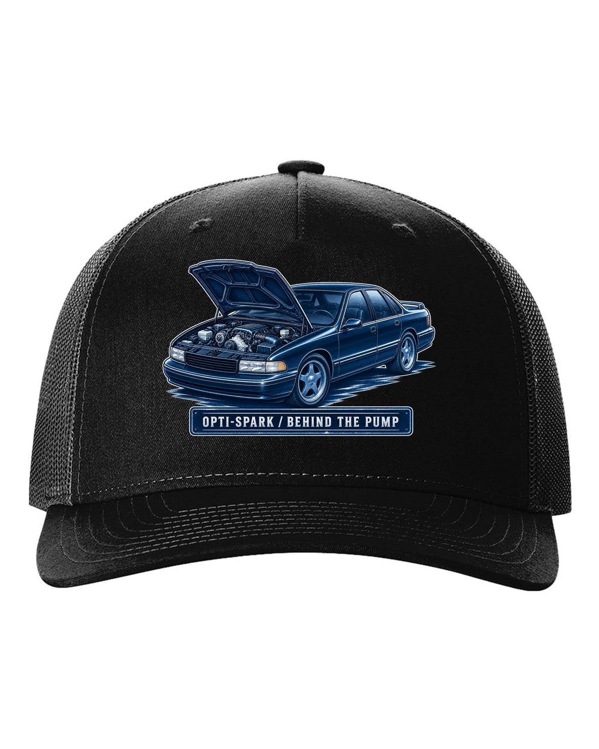 Cyanotype white-line illustration of a 1995 Chevrolet Impala SS with Opti-Spark lettering black hat front view with the design