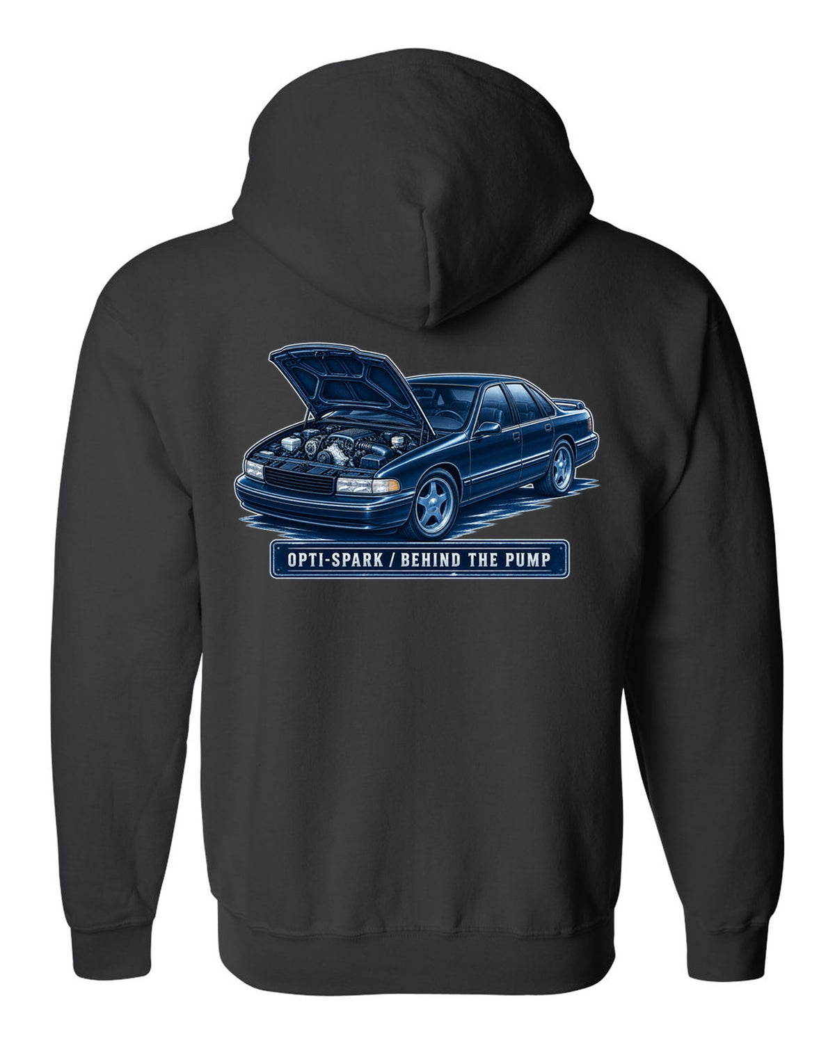 Cyanotype white-line illustration of a 1995 Chevrolet Impala SS with Opti-Spark lettering black zip hoodie back view with the design