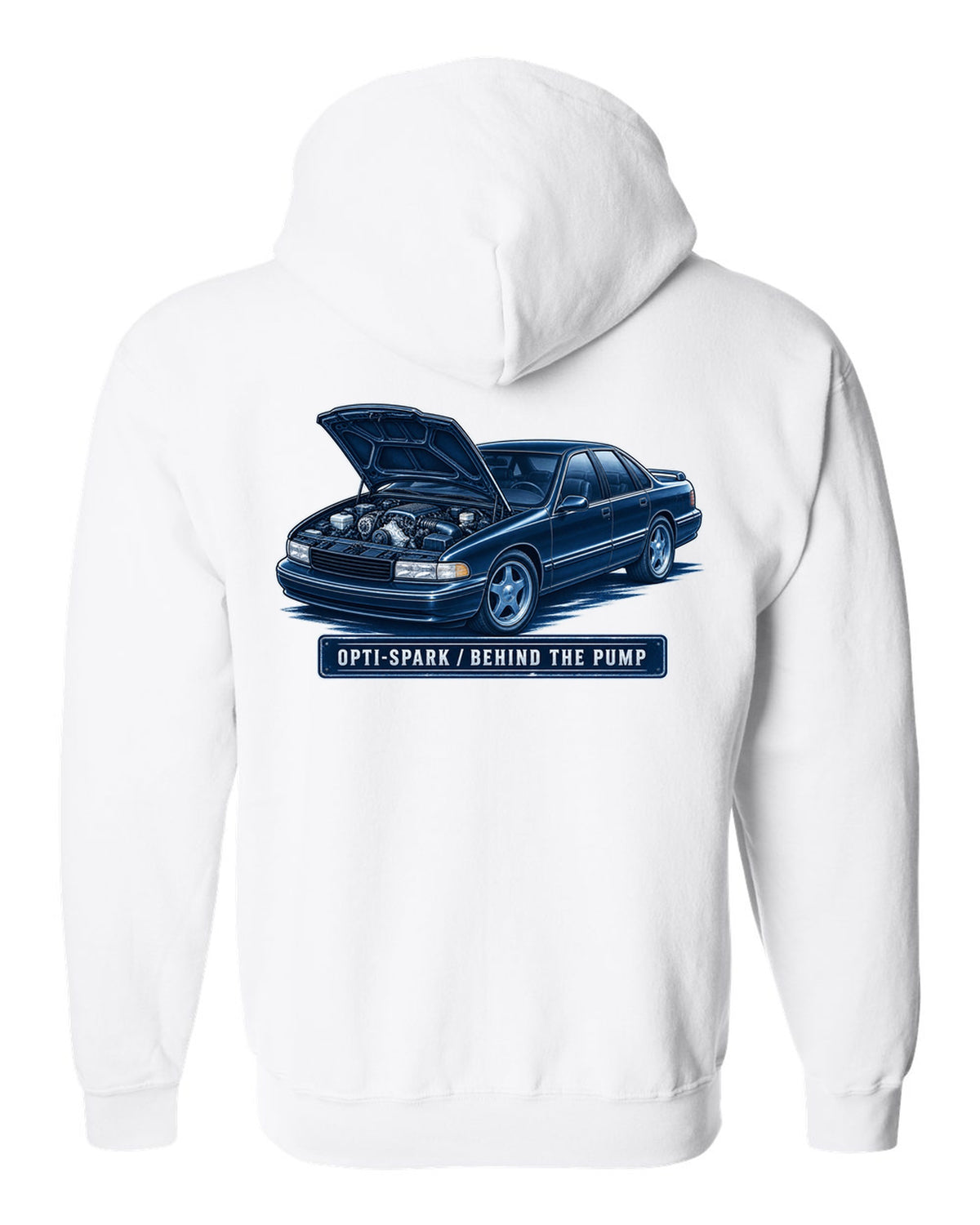 Cyanotype white-line illustration of a 1995 Chevrolet Impala SS with Opti-Spark lettering white zip hoodie back view with the design