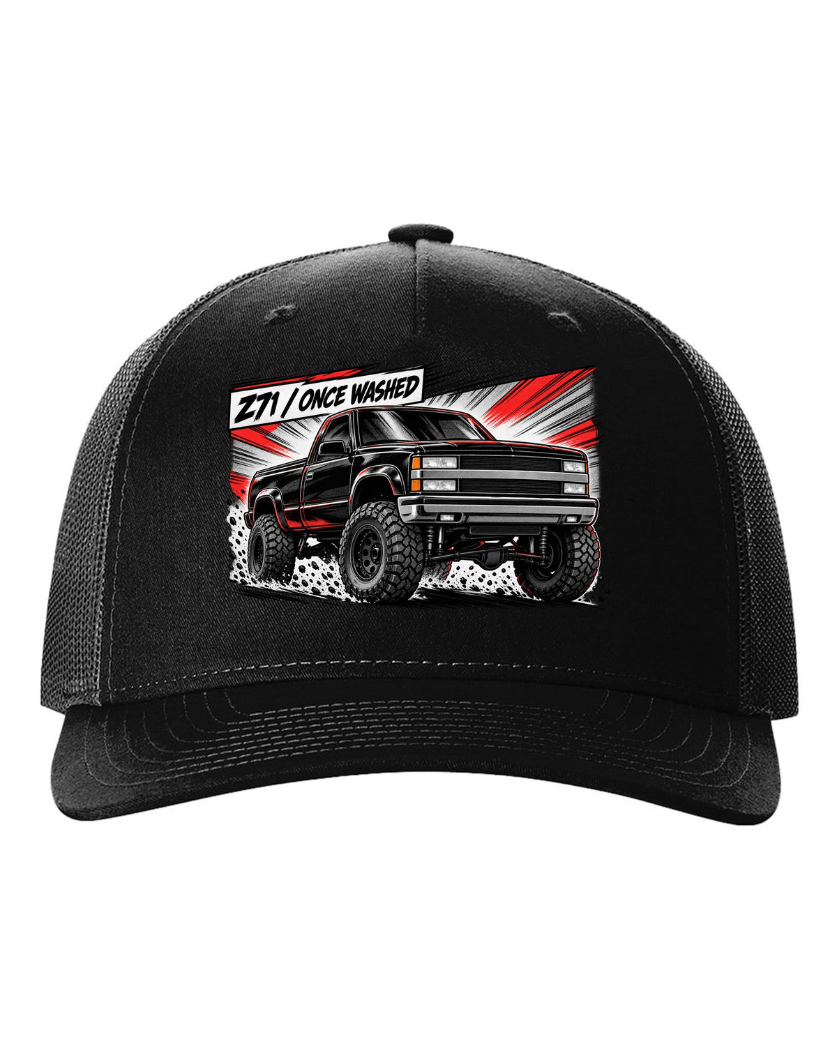 Retro manga halftone panel print of a 1988-98 Chevrolet GMT400 K1500 Z71 OBS with Z71 once washed lettering black hat front view with the design