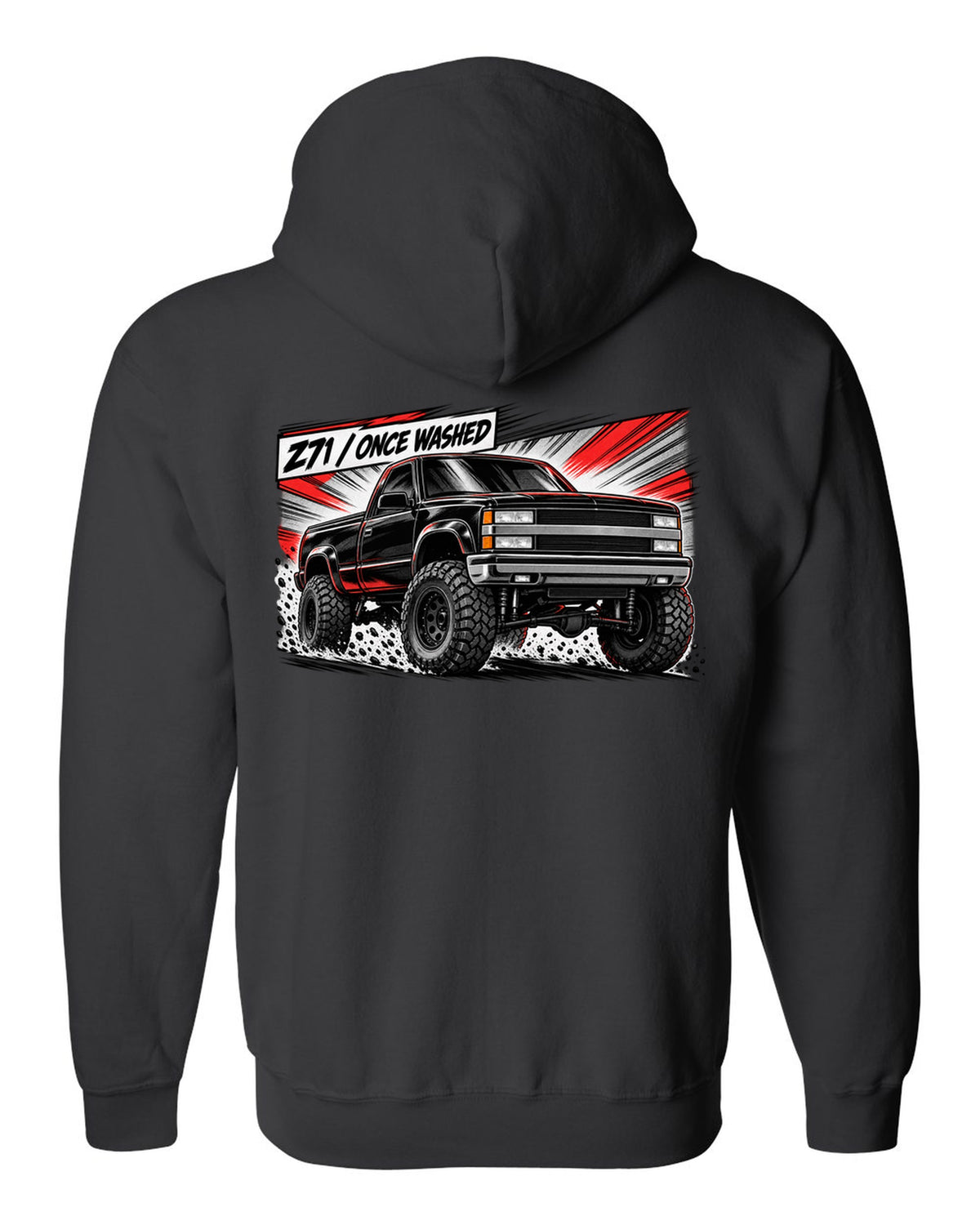 Retro manga halftone panel print of a 1988-98 Chevrolet GMT400 K1500 Z71 OBS with Z71 once washed lettering black zip hoodie back view with the design