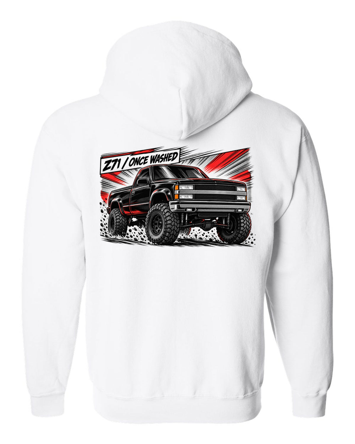 Retro manga halftone panel print of a 1988-98 Chevrolet GMT400 K1500 Z71 OBS with Z71 once washed lettering white zip hoodie back view with the design