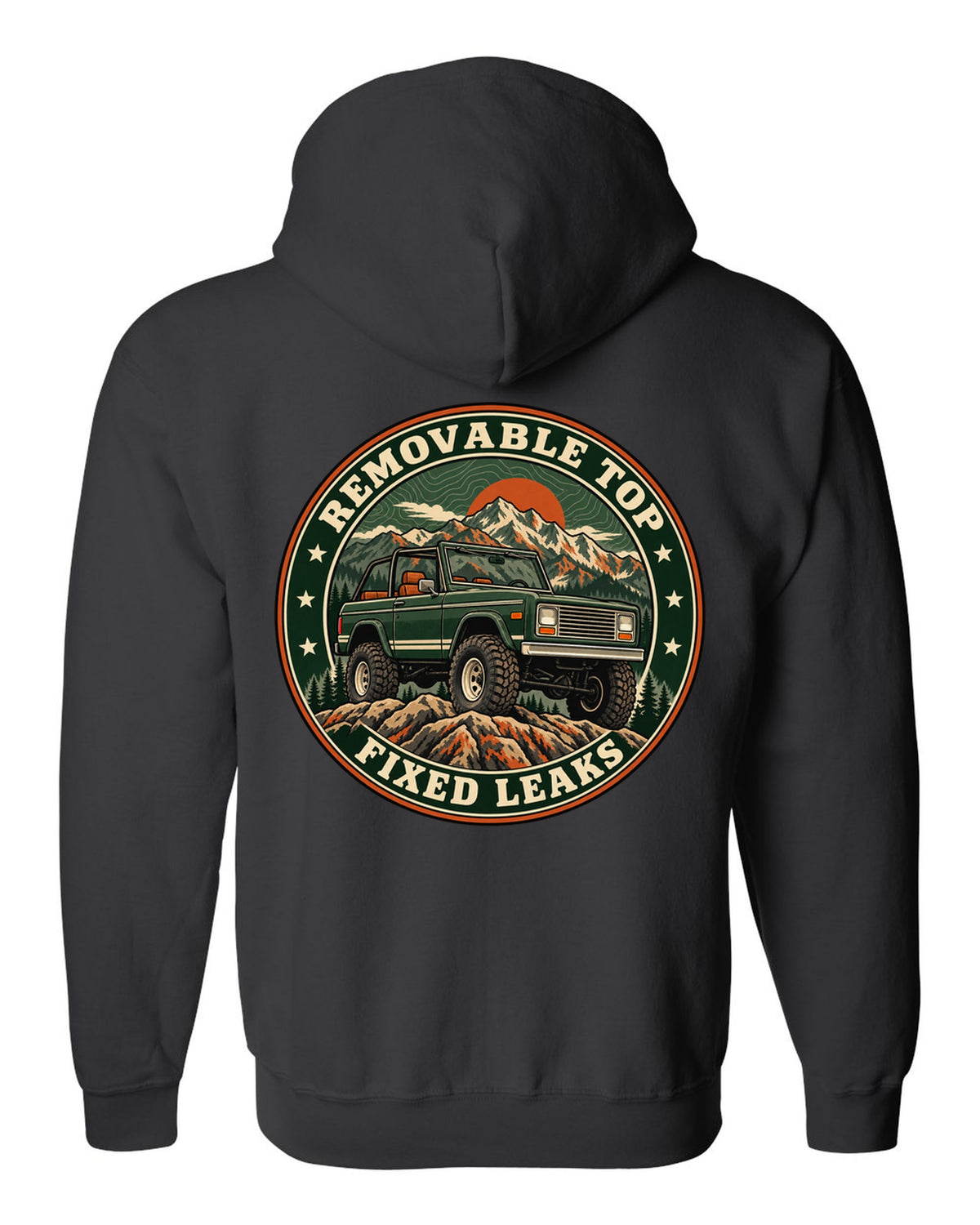 Topographic route map print for the 1973-91 Chevrolet K5 Blazer with removable top text black zip hoodie back view with the design