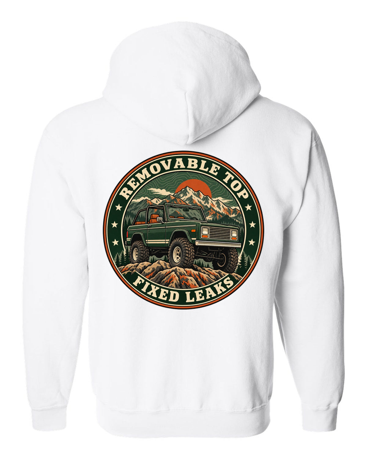 Topographic route map print for the 1973-91 Chevrolet K5 Blazer with removable top text white zip hoodie back view with the design