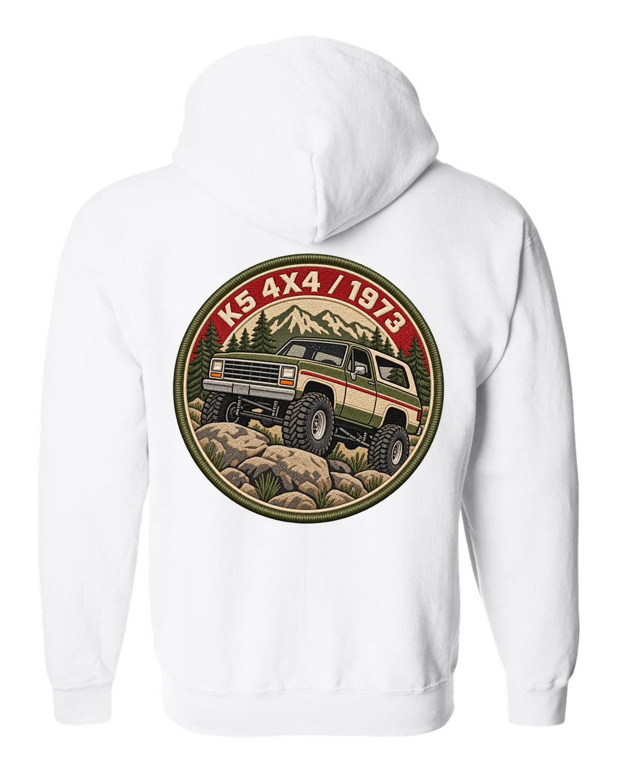 Embroidery-style varsity crest print of a 1973-91 Chevrolet K5 Blazer with K5 4x4 1973 lettering white zip hoodie back view with the design