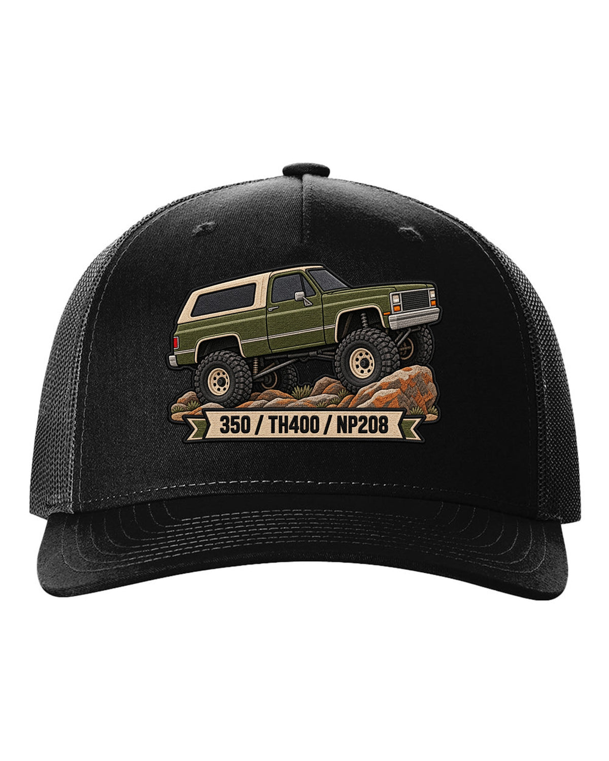 Embroidered patch style design of a 1973-91 Chevrolet K5 Blazer with 350, TH400, NP208 text black hat front view with the design