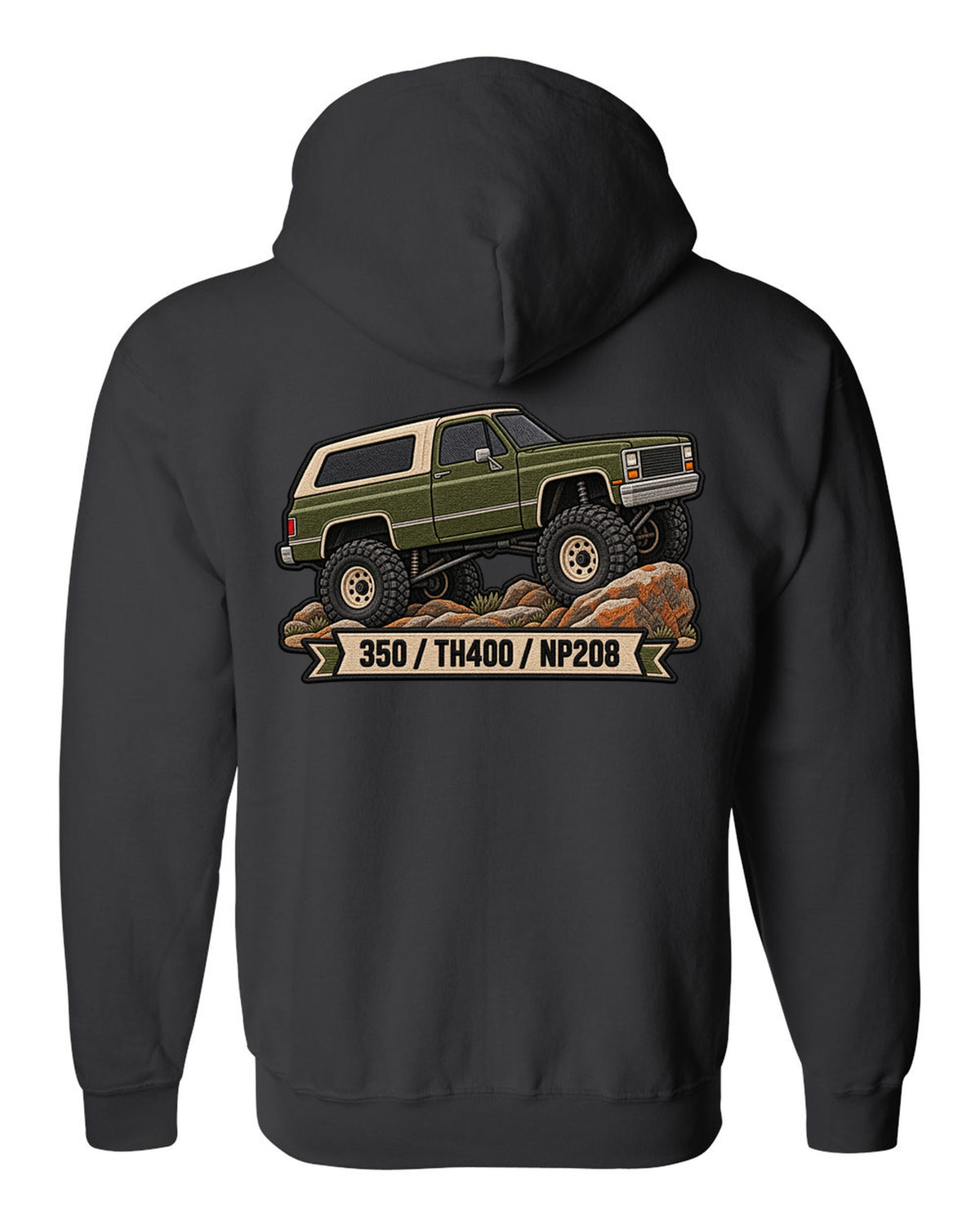 Embroidered patch style design of a 1973-91 Chevrolet K5 Blazer with 350, TH400, NP208 text black zip hoodie back view with the design