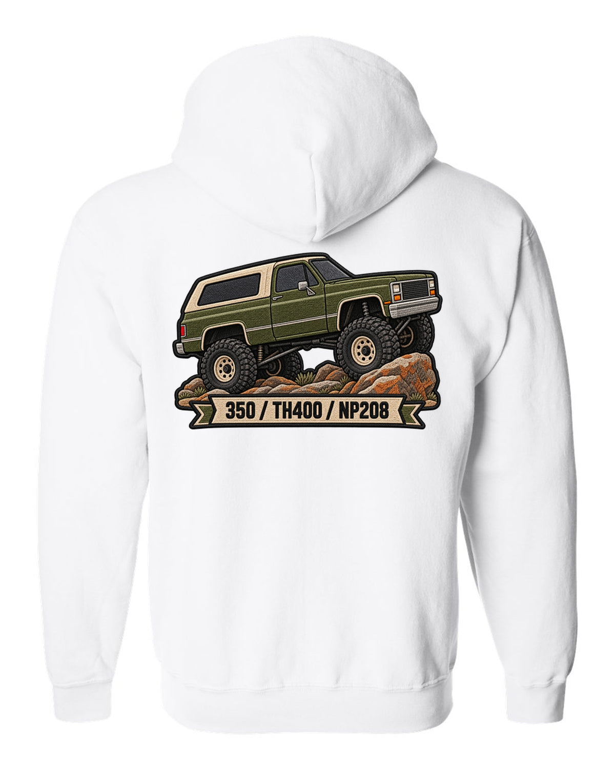 Embroidered patch style design of a 1973-91 Chevrolet K5 Blazer with 350, TH400, NP208 text white zip hoodie back view with the design