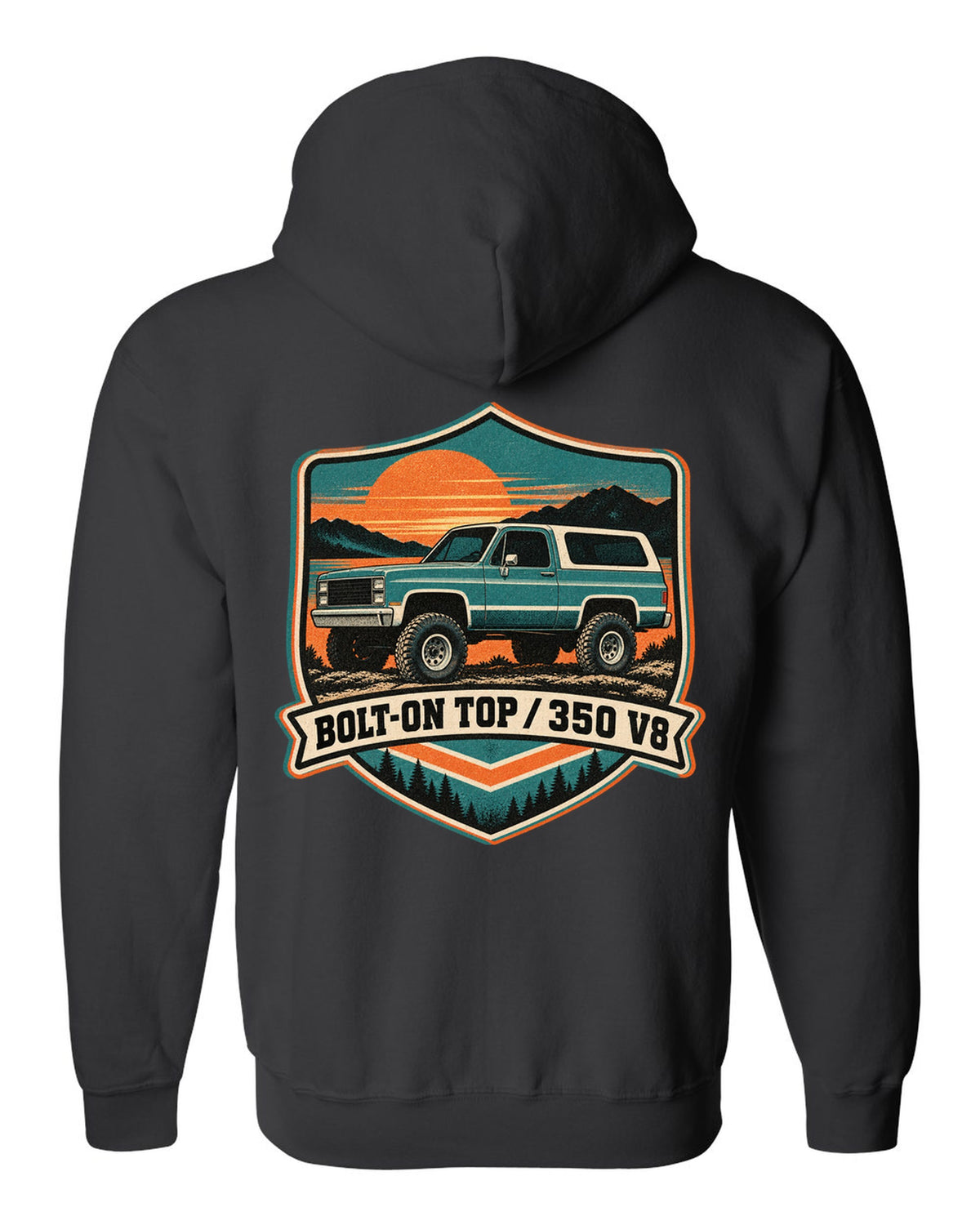 Risograph-style sunset print of a 1973-91 Chevrolet K5 Blazer with BOLT-ON TOP and 350 V8 text black zip hoodie back view with the design