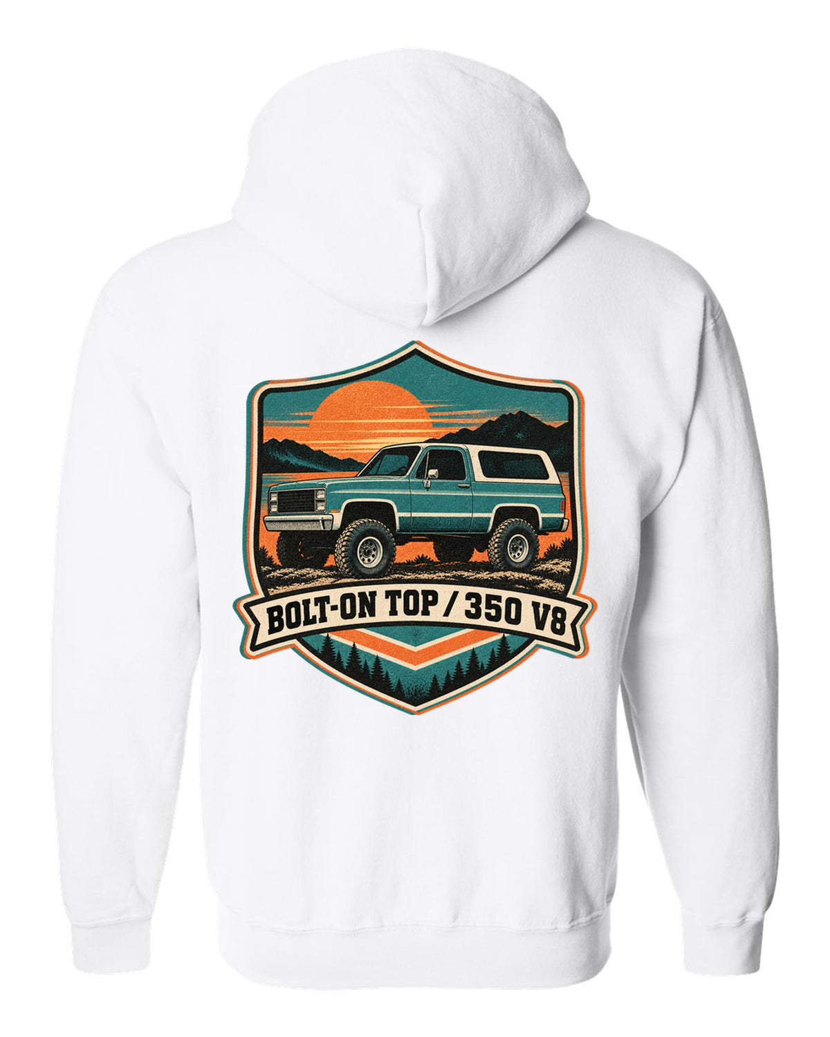 Risograph-style sunset print of a 1973-91 Chevrolet K5 Blazer with BOLT-ON TOP and 350 V8 text white zip hoodie back view with the design