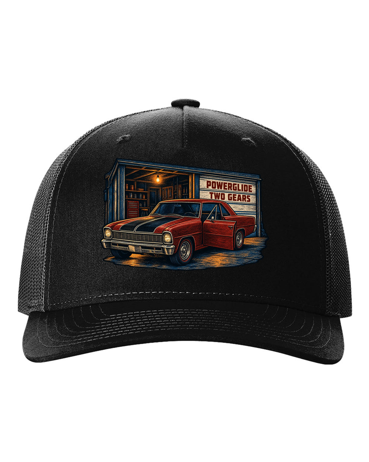 Linocut print of a 1967 Chevrolet Nova Chevy II parked in a garage with Powerglide lettering black hat front view with the design