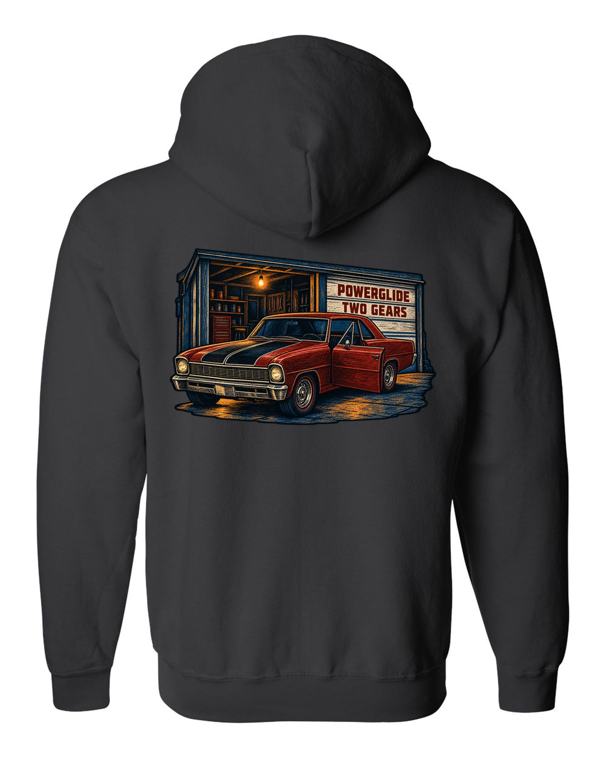 Linocut print of a 1967 Chevrolet Nova Chevy II parked in a garage with Powerglide lettering black zip hoodie back view with the design