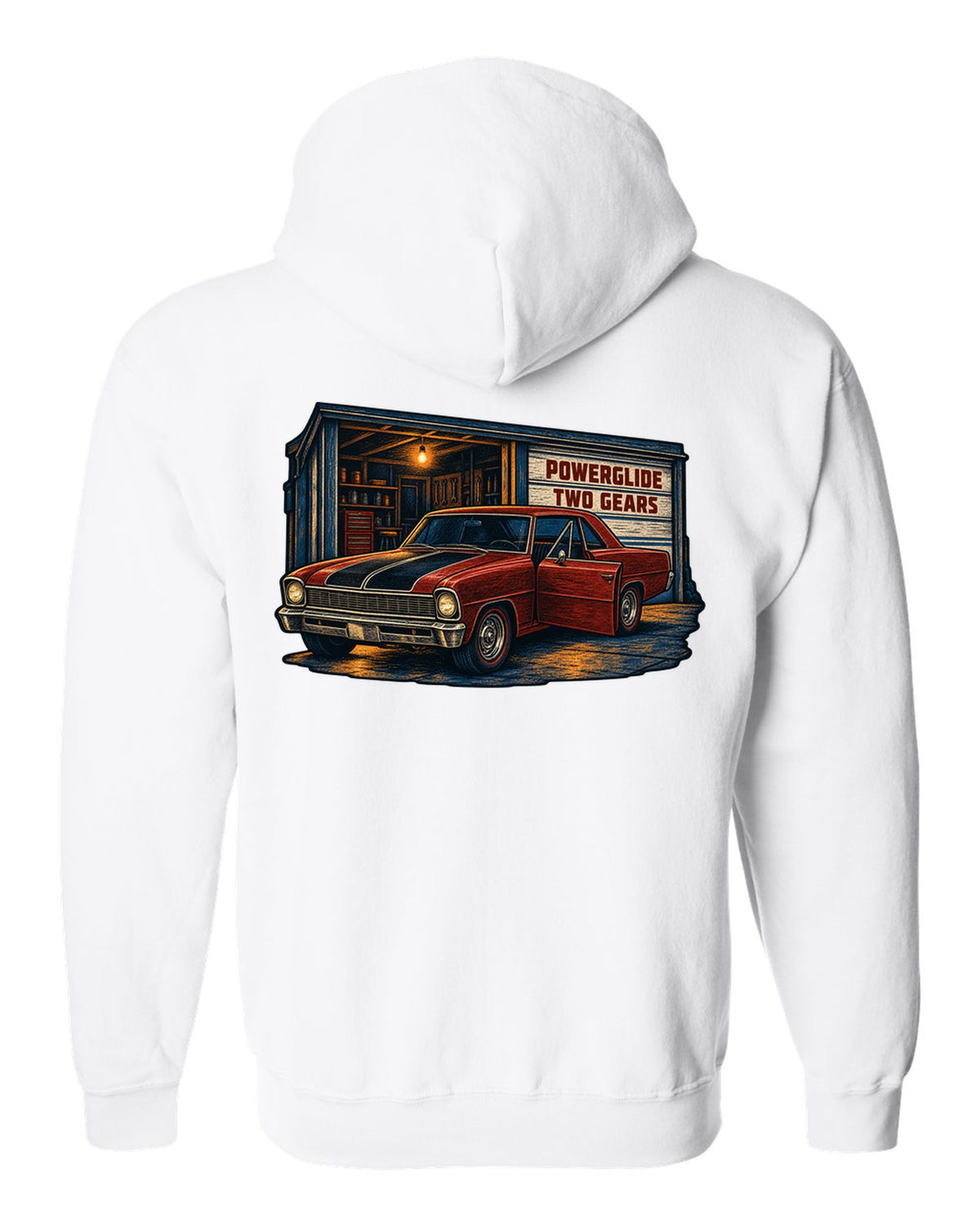 Linocut print of a 1967 Chevrolet Nova Chevy II parked in a garage with Powerglide lettering white zip hoodie back view with the design