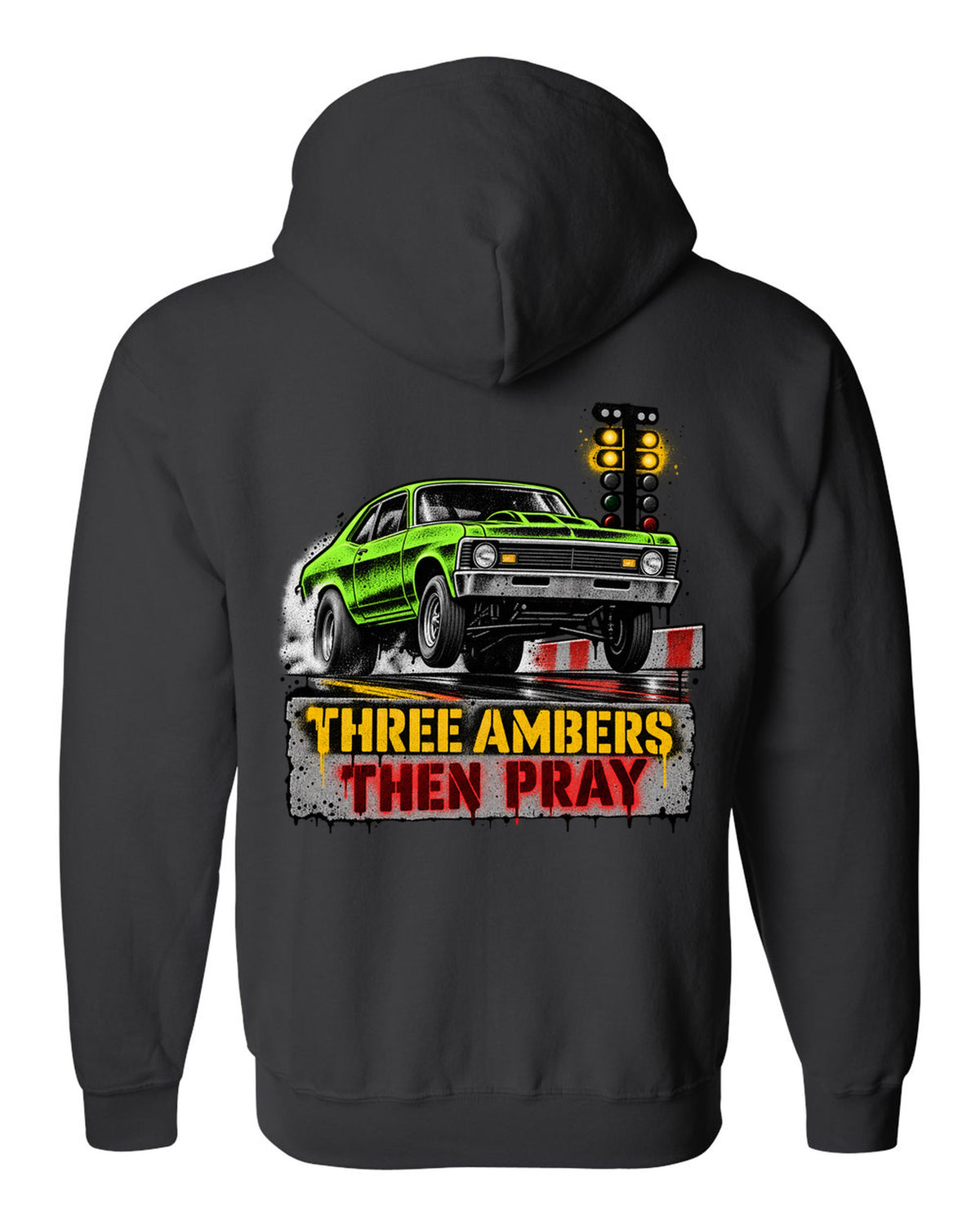 Stencil spray street art of a 1971 Chevrolet Nova at the drag strip starting line black zip hoodie back view with the design