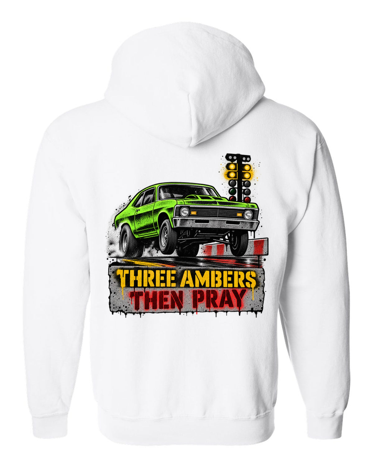 Stencil spray street art of a 1971 Chevrolet Nova at the drag strip starting line white zip hoodie back view with the design