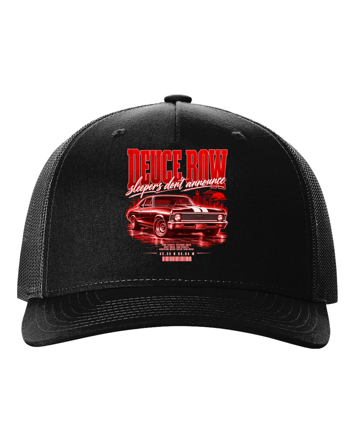 Street-poster print of a 1969 Chevrolet Nova SS with Deuce Row lettering black hat front view with the design