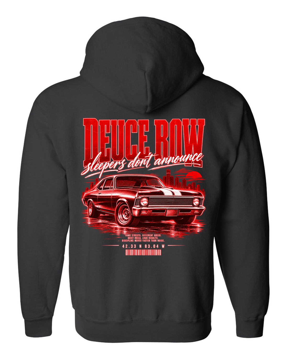 Street-poster print of a 1969 Chevrolet Nova SS with Deuce Row lettering black zip hoodie back view with the design