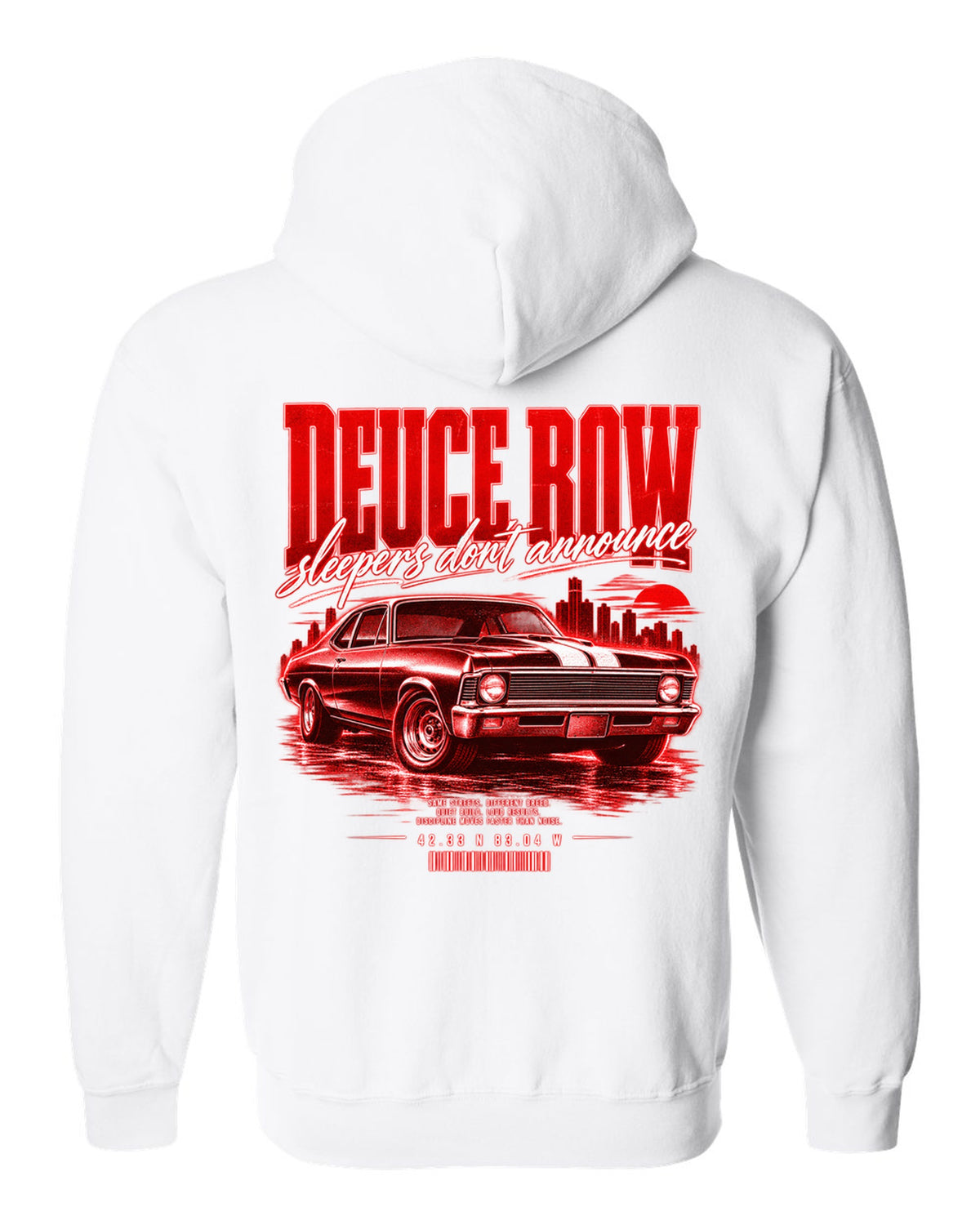 Street-poster print of a 1969 Chevrolet Nova SS with Deuce Row lettering white zip hoodie back view with the design