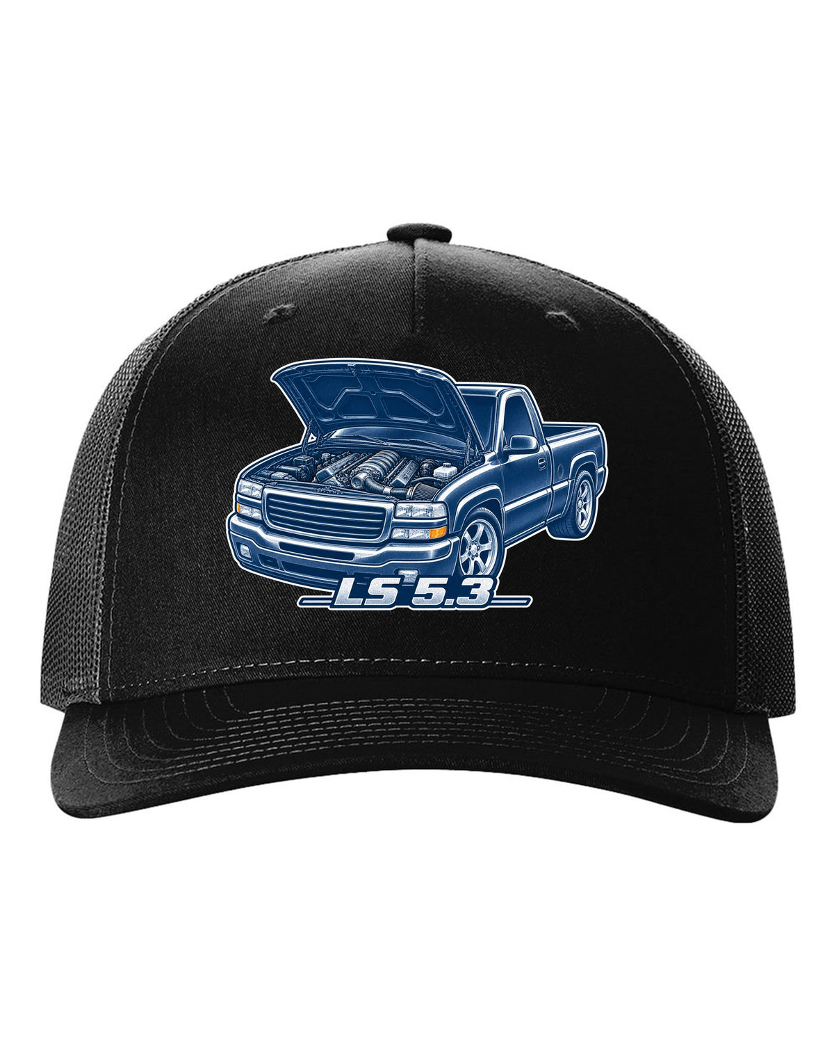 Cyanotype negative blueprint print of a 1999-2006 Chevrolet GMT800 NBS Silverado with LS 5.3 text black hat front view with the design
