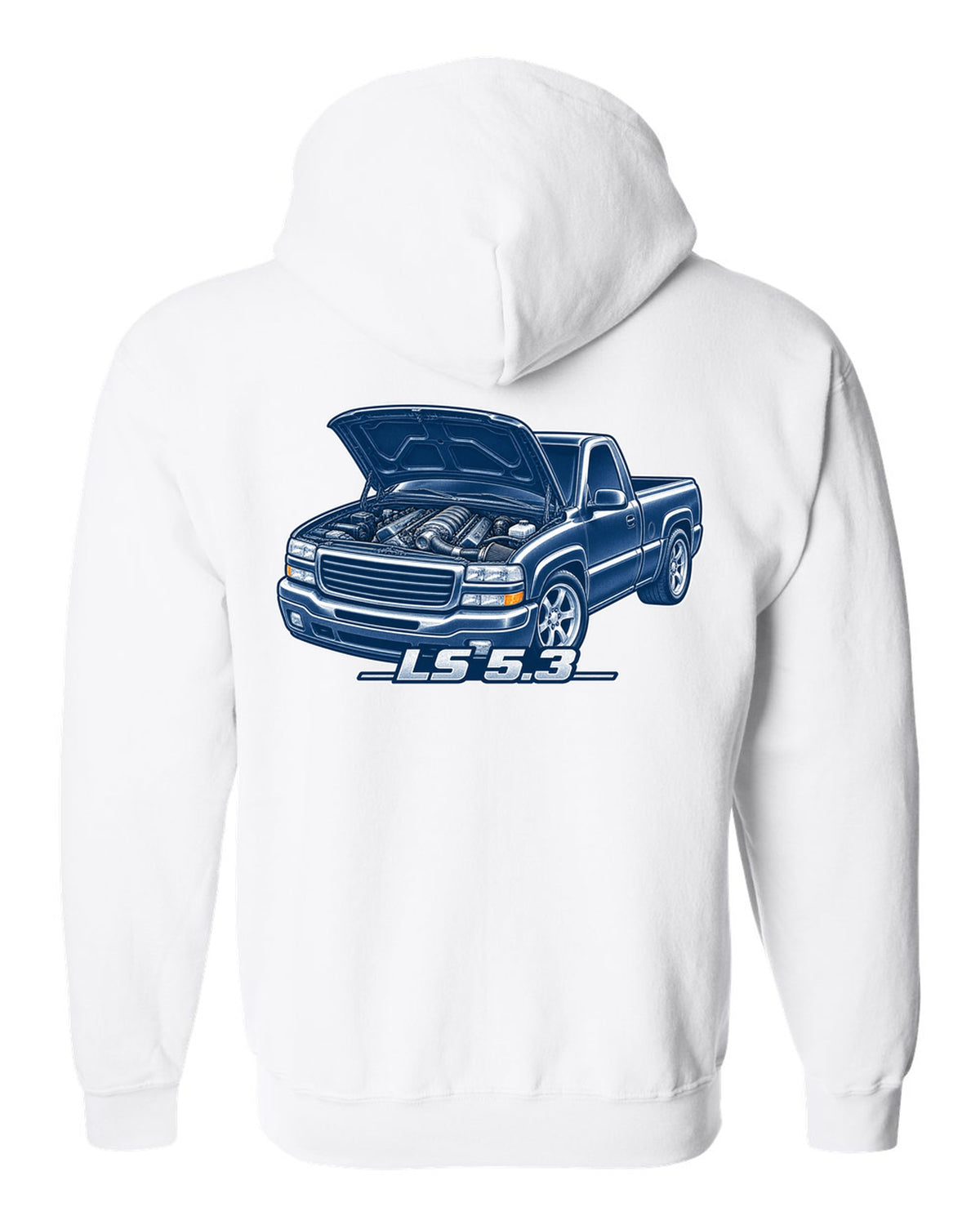 Cyanotype negative blueprint print of a 1999-2006 Chevrolet GMT800 NBS Silverado with LS 5.3 text white zip hoodie back view with the design