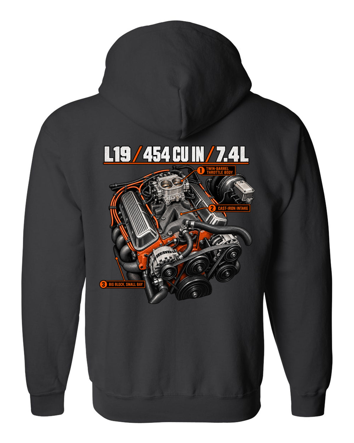 Chevy 454 SS L19 big-block engine diagram print black zip hoodie back view with the design
