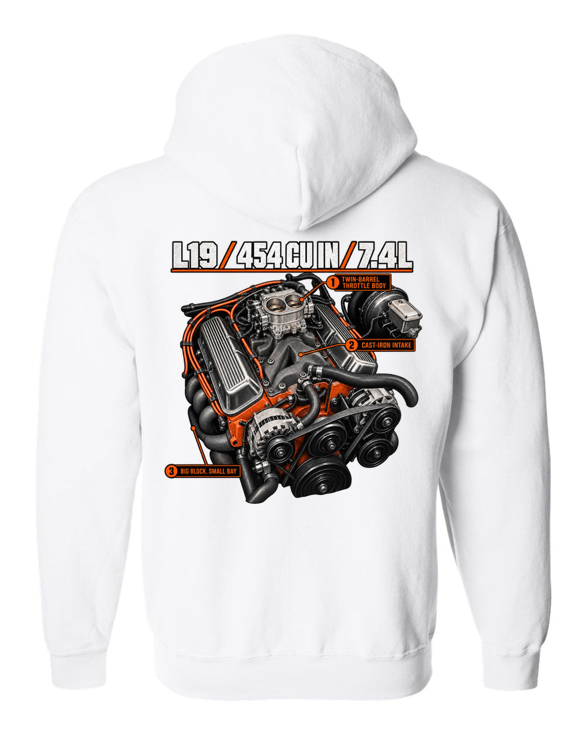 Chevy 454 SS L19 big-block engine diagram print white zip hoodie back view with the design