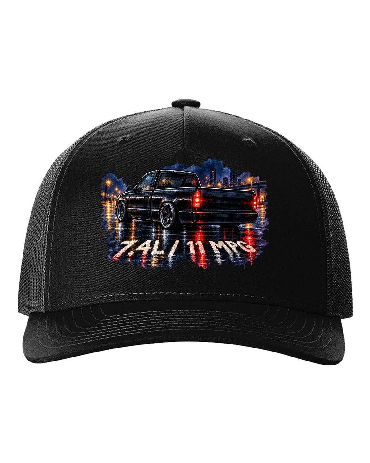 80s airbrush chrome print of a 1990-93 Chevrolet 454 SS pickup with 7.4L and 11 MPG text black hat front view with the design