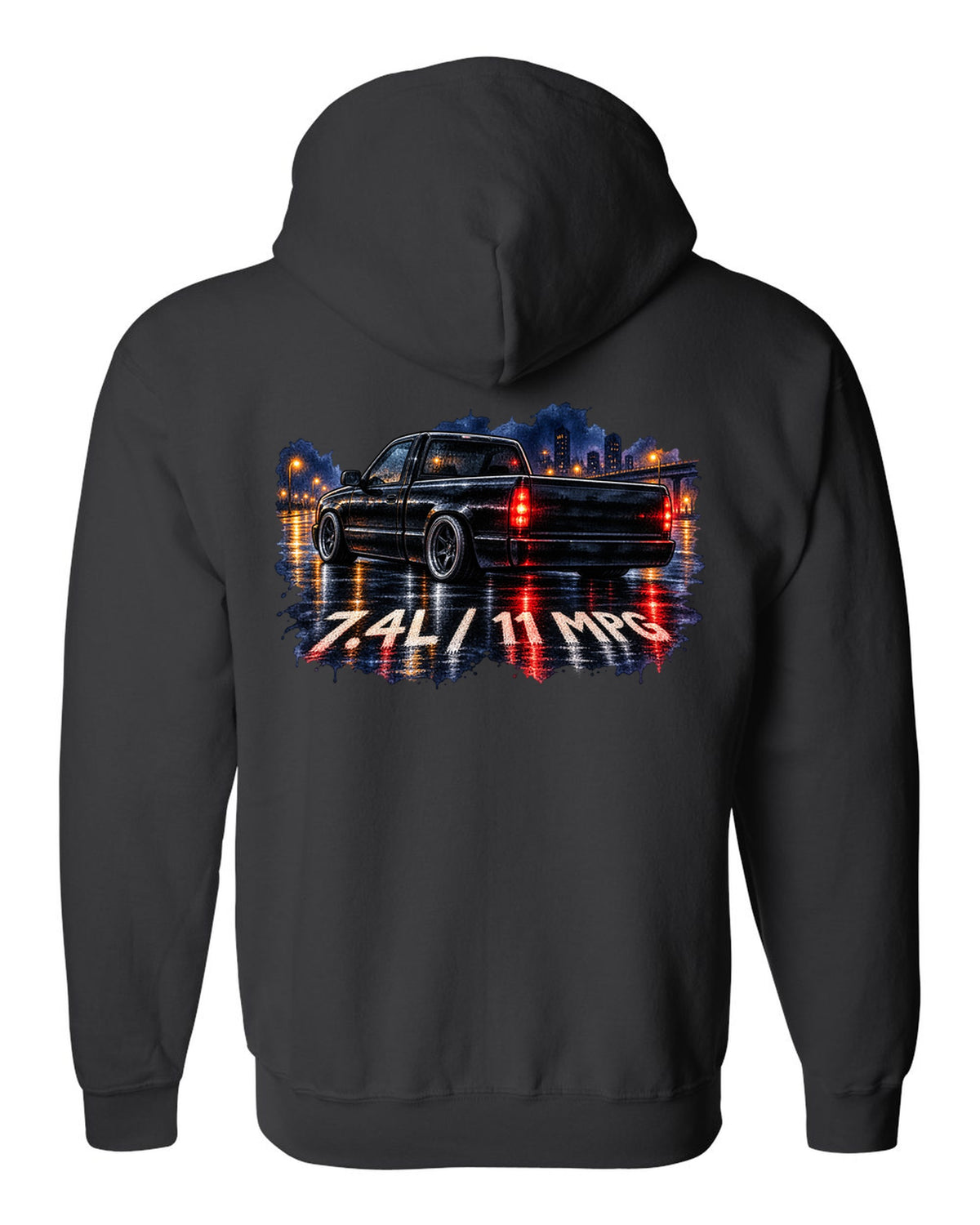 80s airbrush chrome print of a 1990-93 Chevrolet 454 SS pickup with 7.4L and 11 MPG text black zip hoodie back view with the design