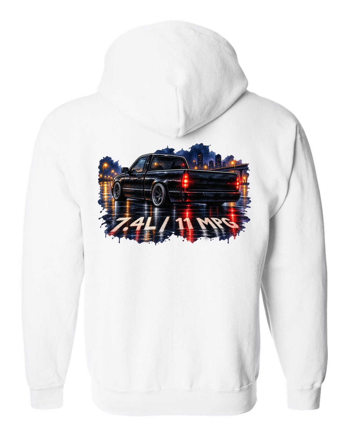 80s airbrush chrome print of a 1990-93 Chevrolet 454 SS pickup with 7.4L and 11 MPG text white zip hoodie back view with the design