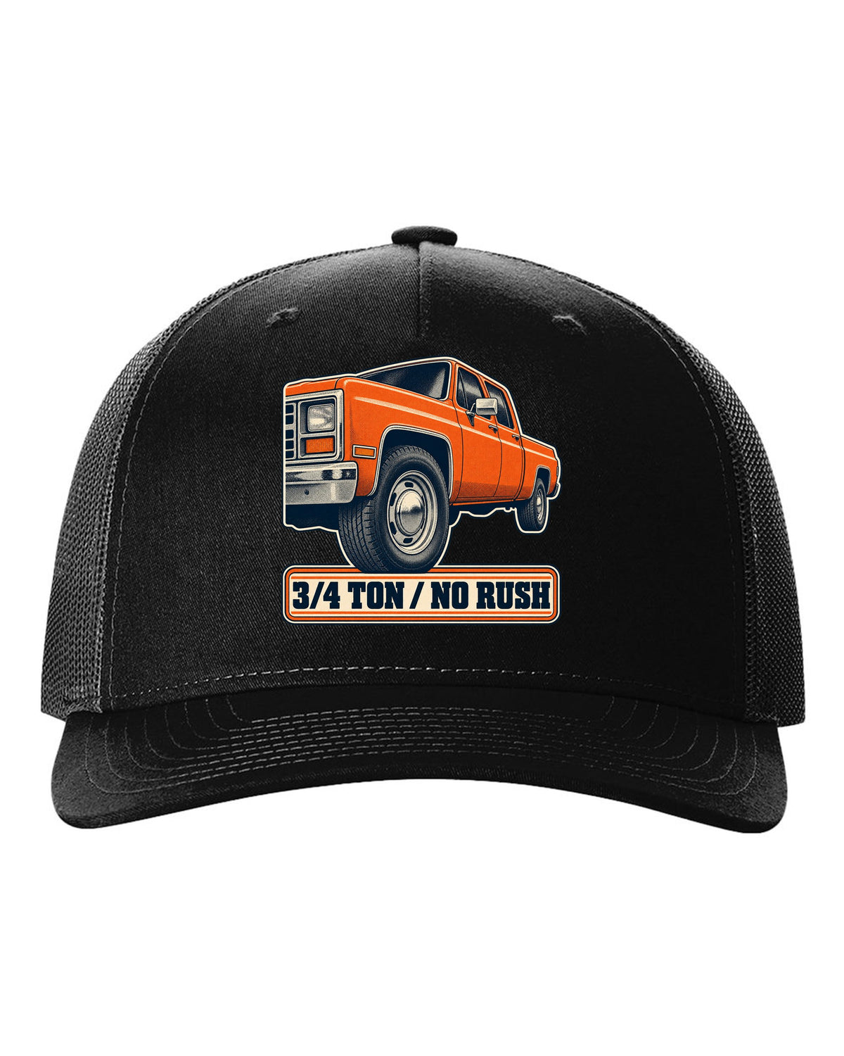 Retro halftone print of a steel wheel close-up on a 1973-87 Chevrolet C20 Squarebody with 3/4 ton lettering black hat front view with the design
