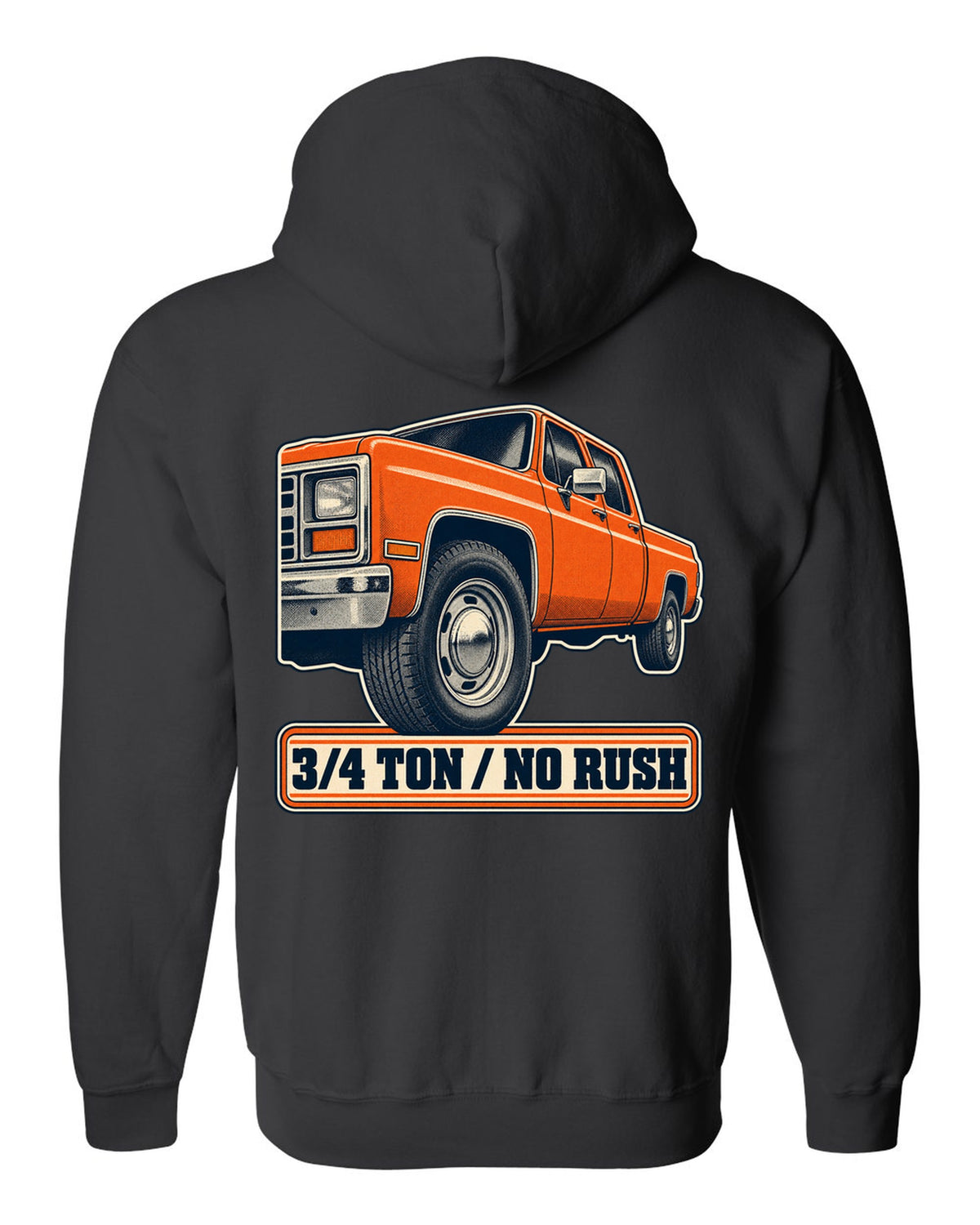 Retro halftone print of a steel wheel close-up on a 1973-87 Chevrolet C20 Squarebody with 3/4 ton lettering black zip hoodie back view with the design