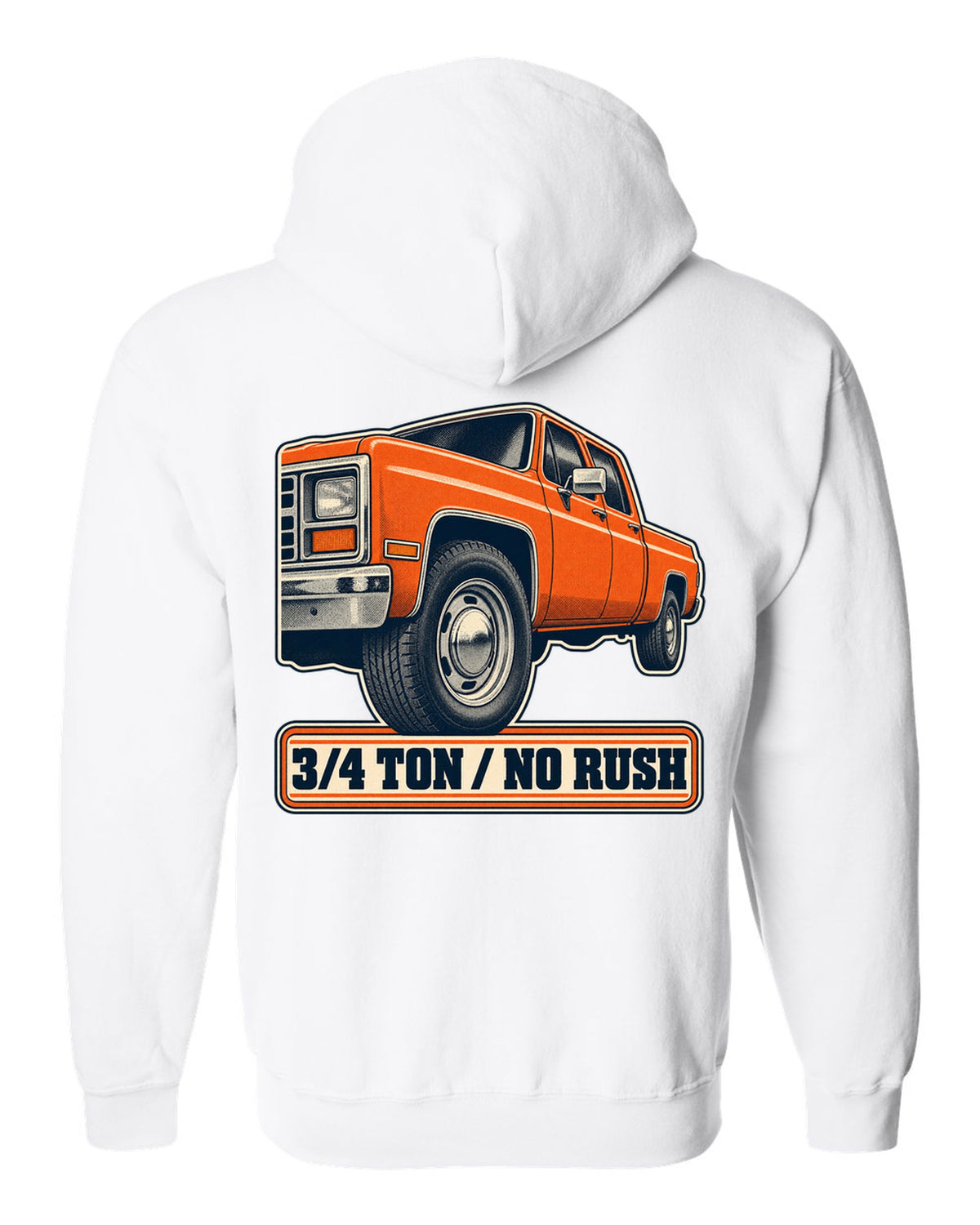 Retro halftone print of a steel wheel close-up on a 1973-87 Chevrolet C20 Squarebody with 3/4 ton lettering white zip hoodie back view with the design